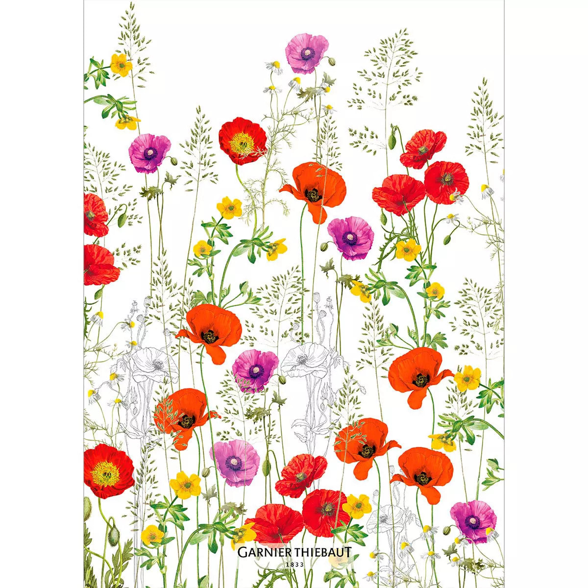 Torchon lin & coton lavé 190 g/m² imprimé rouge violet Les coquelicots violet