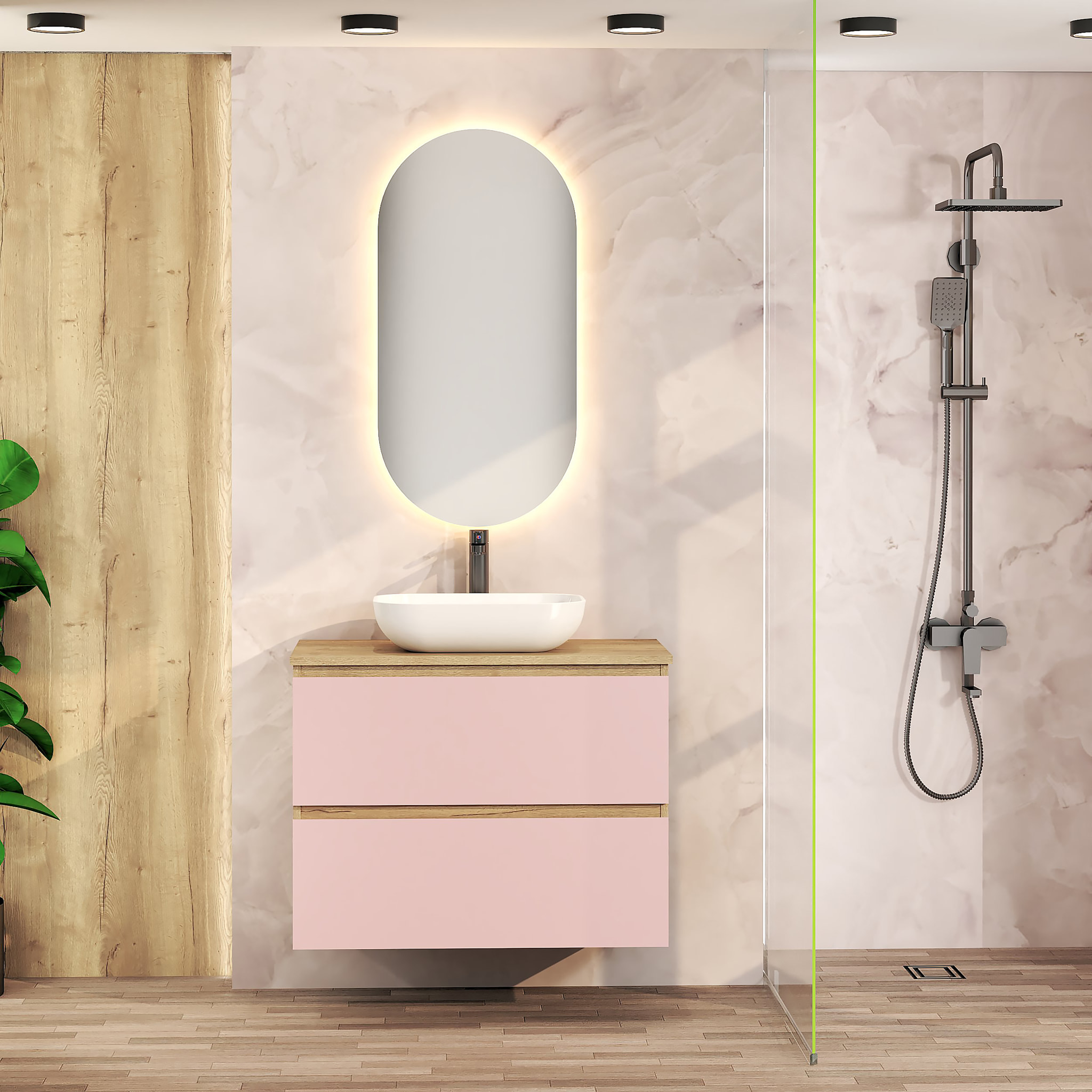 Conjunto de Baño Nia | Mueble Suspendido | 80 cm Rosa | Dos Cajones | Lavabo Sobrepuesto | No incluye Espejo | Mueble Montado| Alday