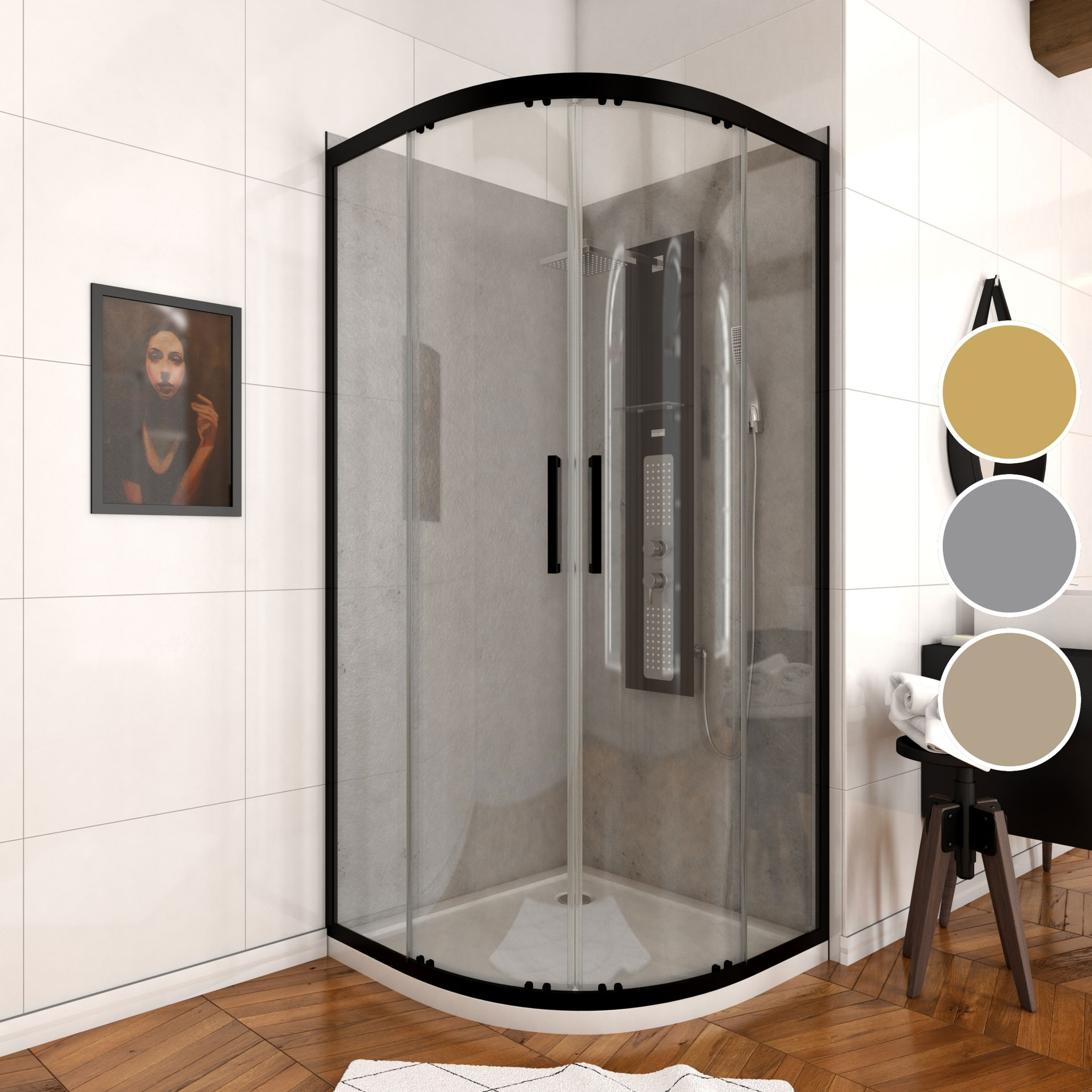 Porte de douche quart de cercle 90x90x200cm - PROFILE NOIR MAT - verre trempé 6mm