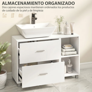 Mueble Bajo Lavabo, Mueble de Baño con 2 Cajones y 2 Estantes Abiertos, Estilo Moderno, para Lavabo con Pedestal, 90x30x60 cm, Blanco