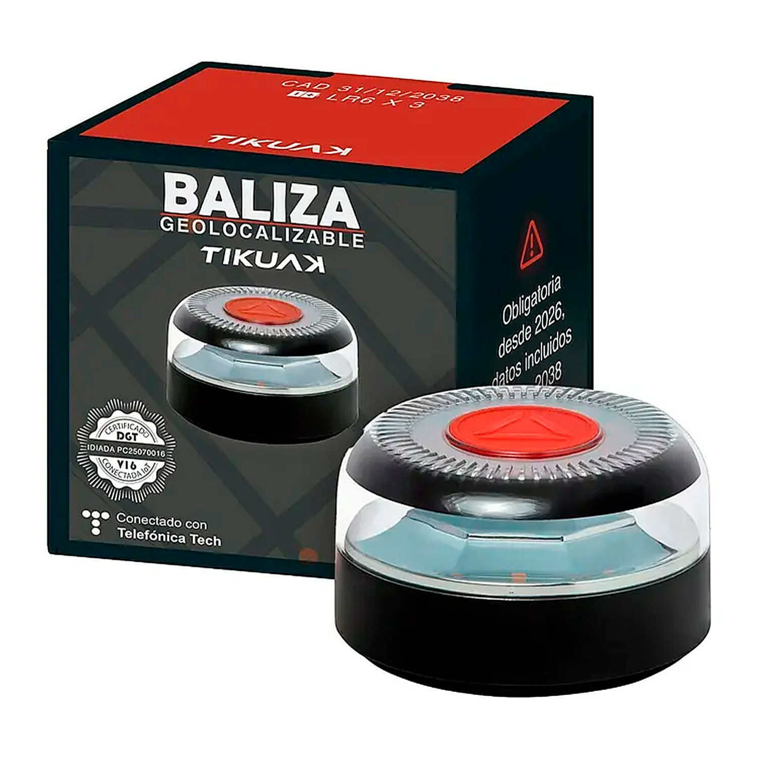 Baliza V16 geolocalizada Tikuak homologada DGT 3.0 con luz LED ámbar 360°, 8 LEDs, pilas incluidas y resistente a agua y viento