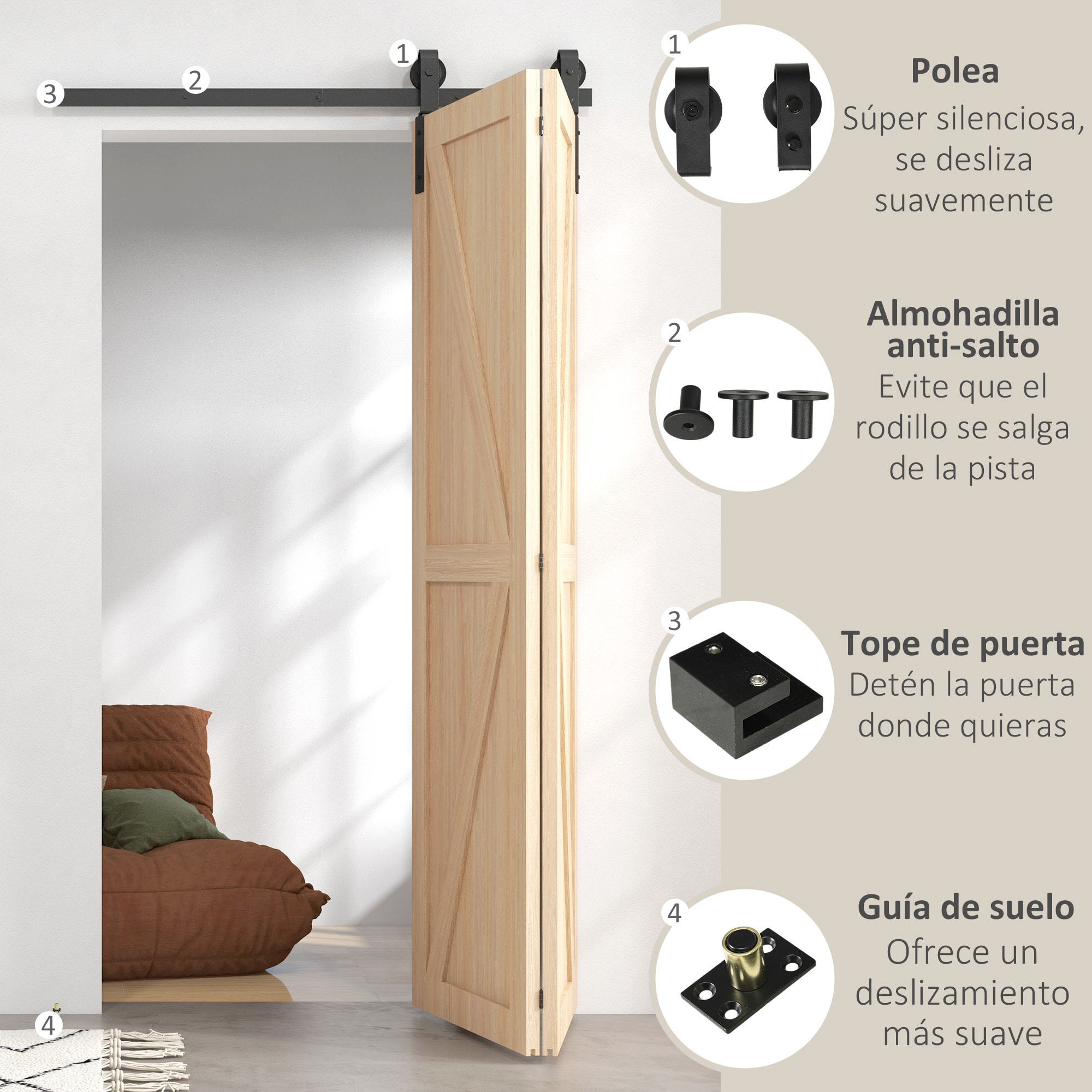 4FT/122CM Herrajes para Puerta Corredera Plegable Kit de Accesorios para Puerta Corrediza para 2 Puertas con Riel para Granero Negro