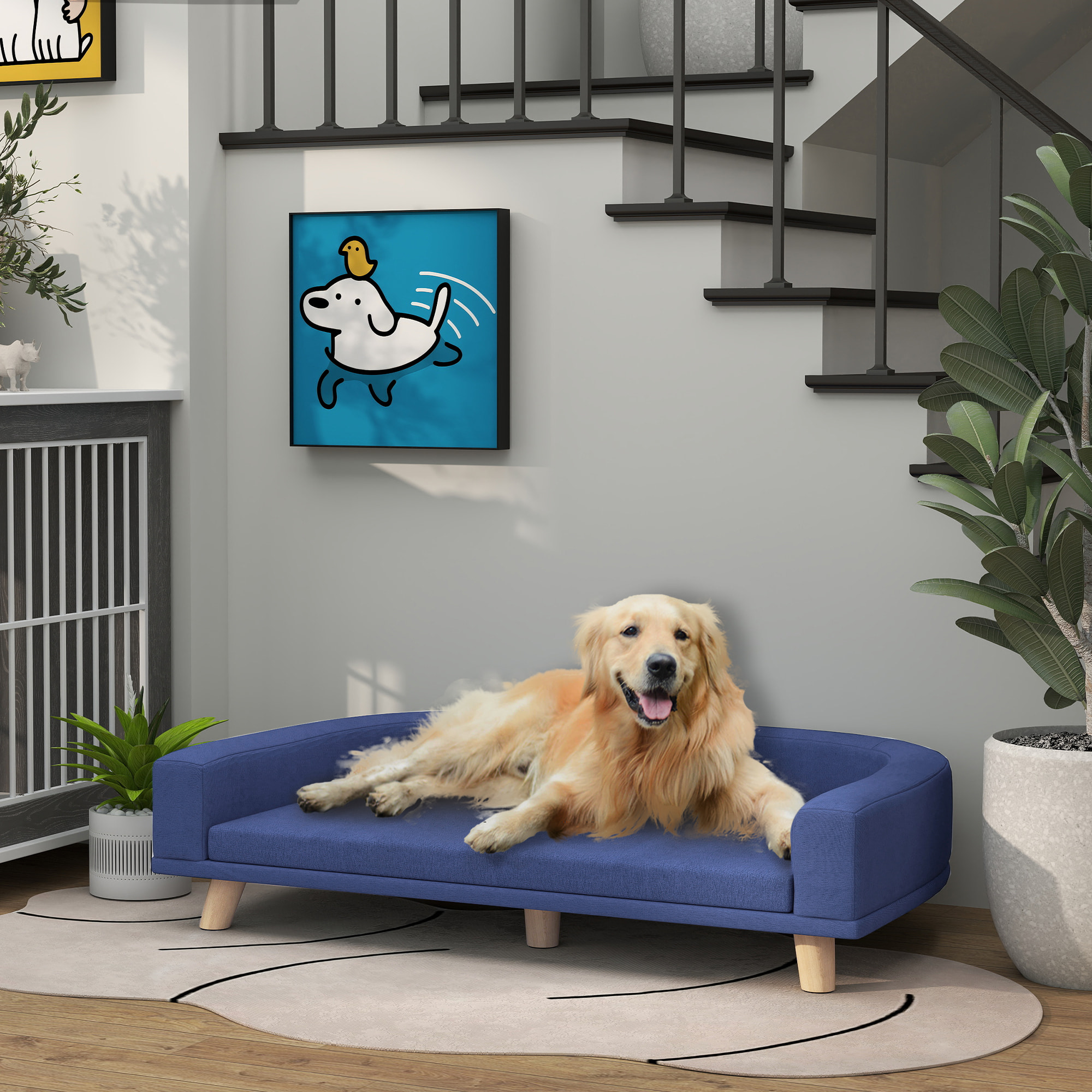 Canapé chien lit pour chien design scandinave coussin déhoussable dim 98L x 67l x 25H cm pieds bois tissu polyester bleu