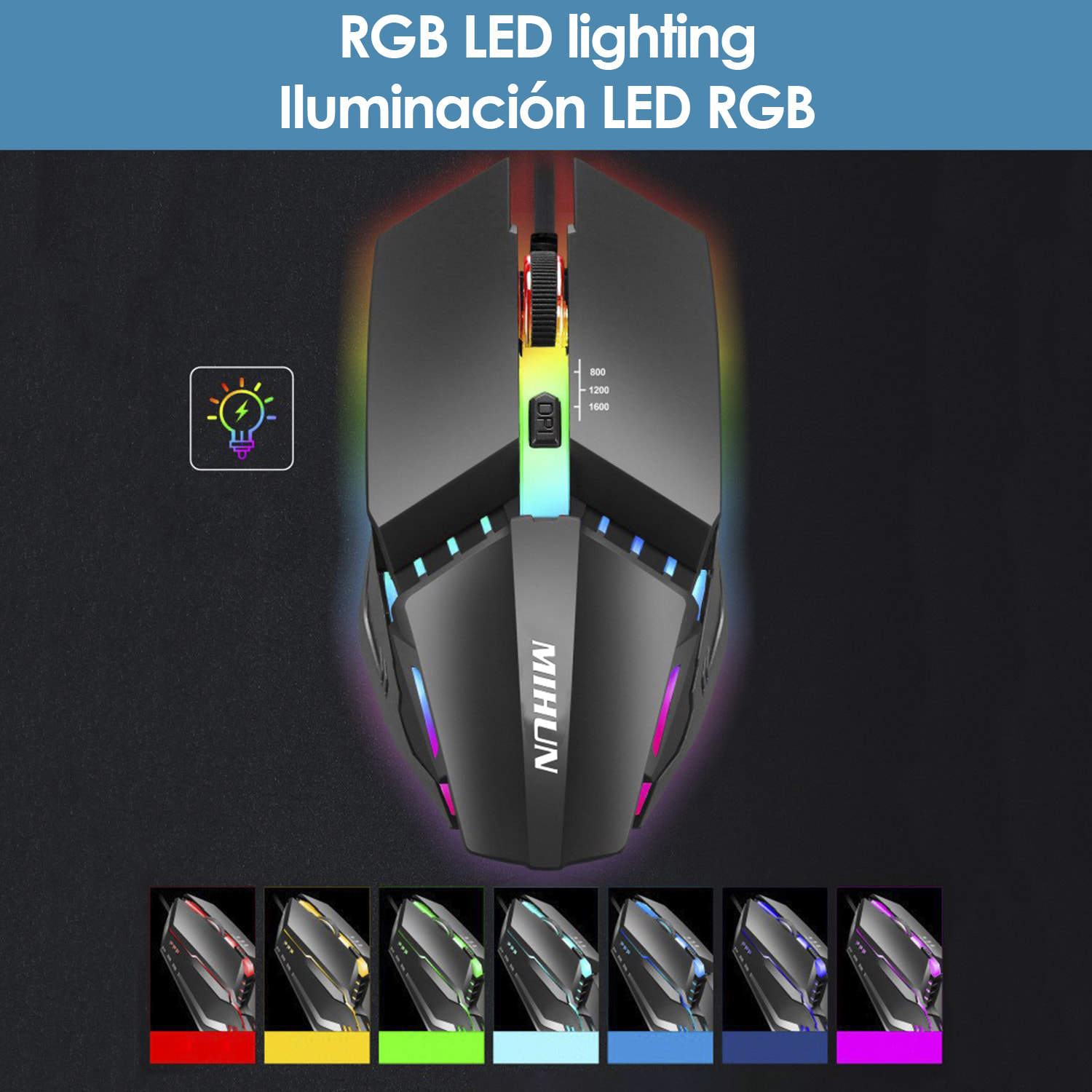 Mouse da gioco G314 con luci LED RGB. 800, 1200 e 1600 dpi.
