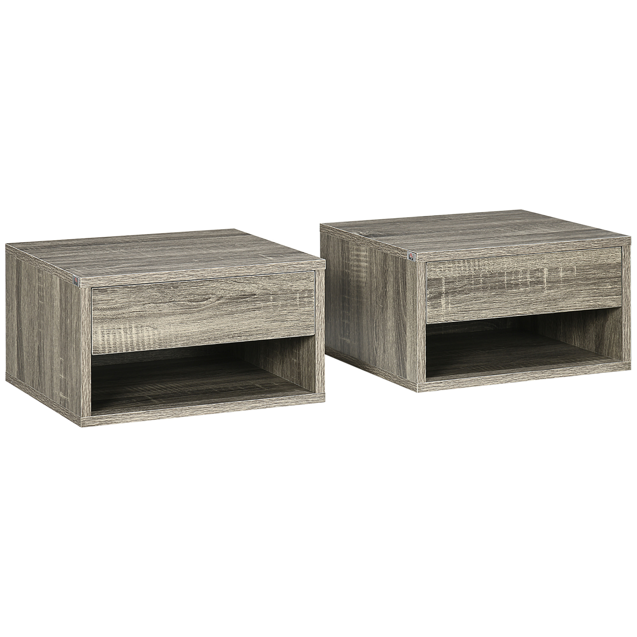 Lot de 2 chevets tables de nuit murales - tiroir coulissant, niche, plateau - dim. 37L x 32l x 21H cm - panneaux gris