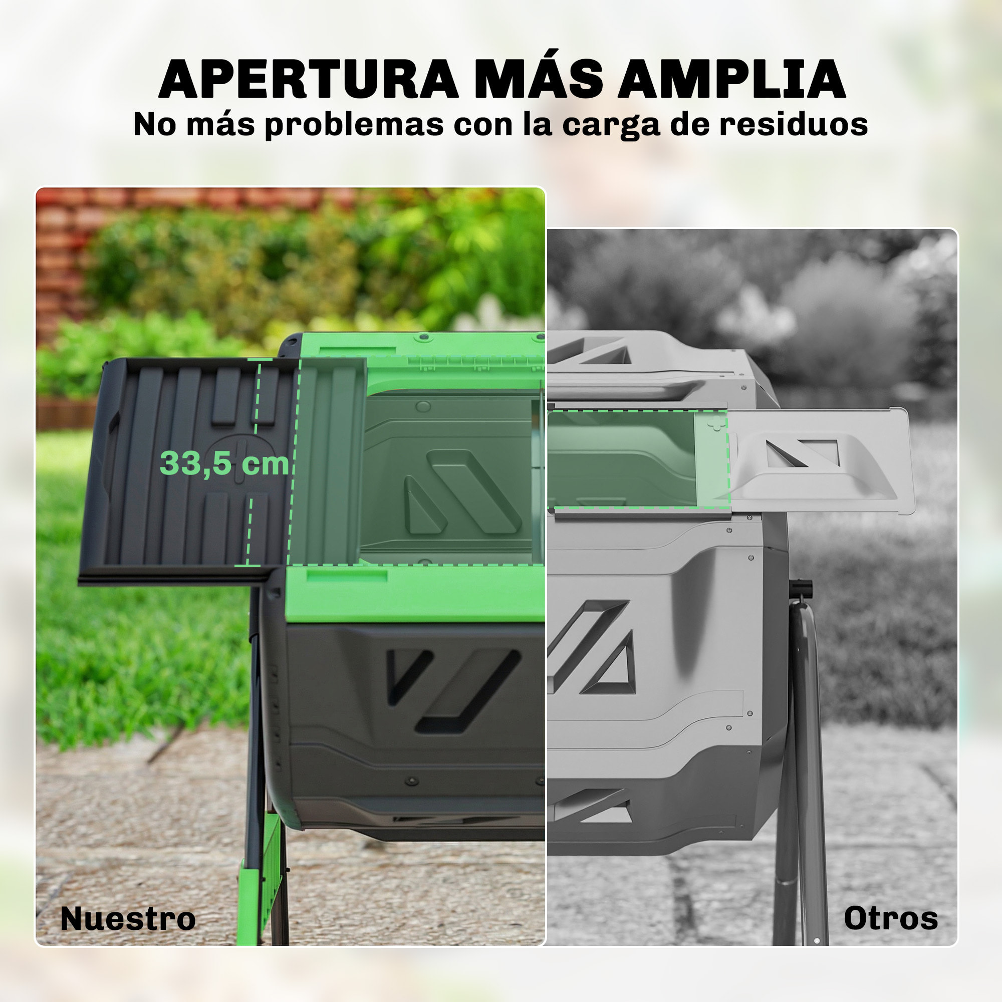 Compostador Giratorio de 200L, Contenedor de Compostaje de Jardín de Doble Cámara, Sin BPA, Compostadora con Aberturas de Ventilación, 2 Puertas Deslizantes y Patas de Metal, Verde