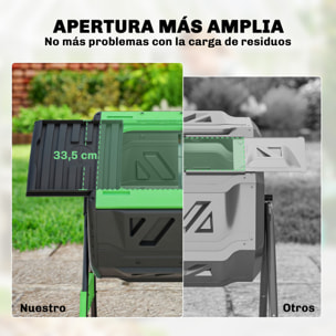 Compostador Giratorio de 200L, Contenedor de Compostaje de Jardín de Doble Cámara, Sin BPA, Compostadora con Aberturas de Ventilación, 2 Puertas Deslizantes y Patas de Metal, Verde