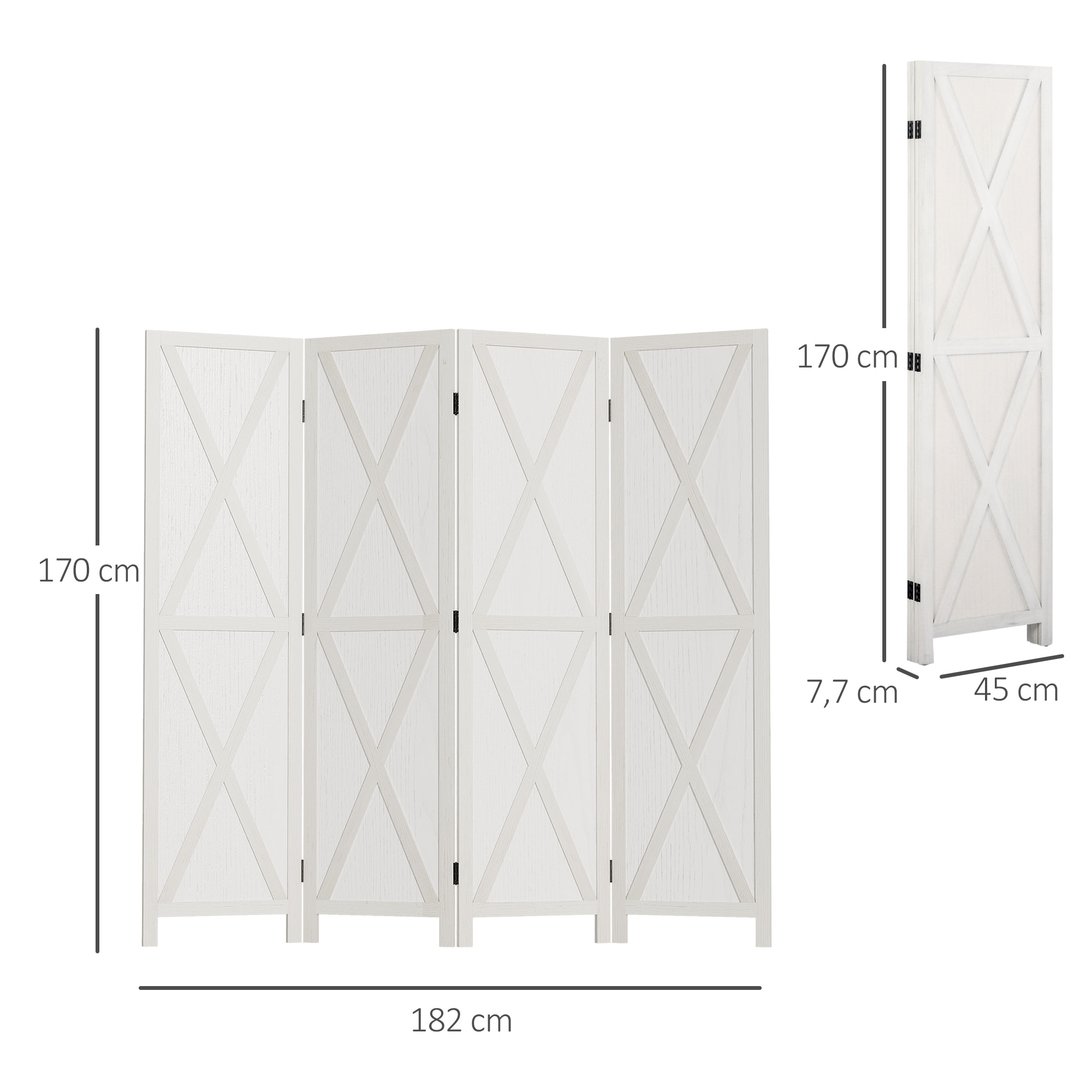 Paravent intérieur 4 panneaux style campagnard chic - séparateur de pièce avec croisillons - bois de paulownia blanc