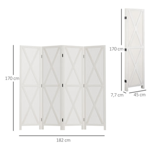 Paravent intérieur 4 panneaux style campagnard chic - séparateur de pièce avec croisillons - bois de paulownia blanc