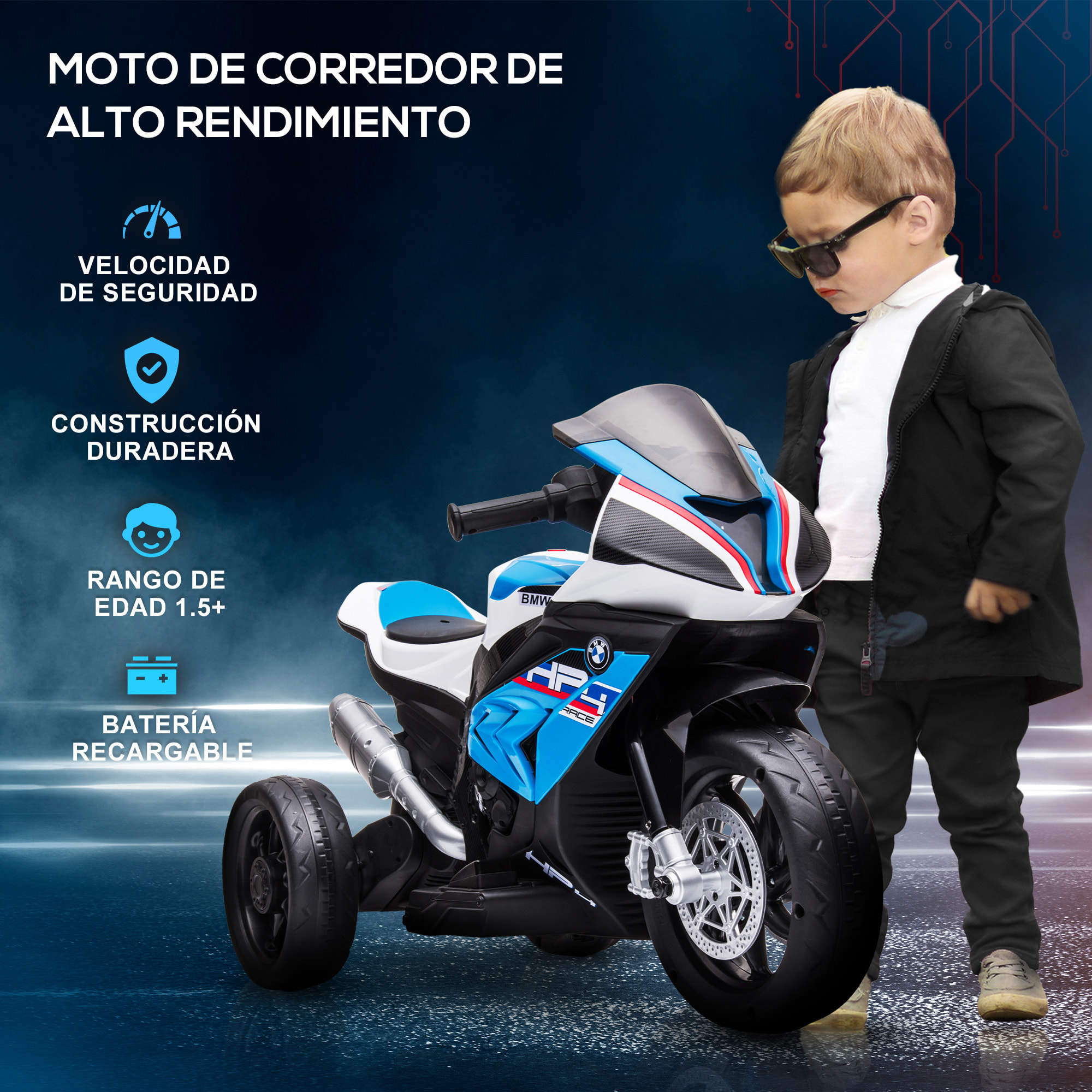 Moto Eléctrica BMW HP4 para Niños de +18 Meses Motocicleta de Batería 6V con Música USB Velocidad 2,5 km/h Avance y Retroceso Carga 30 kg 82,5x42x54 cm Azul