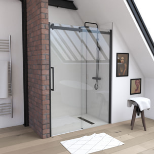 Porte de douche coulissante type industriel coulissante NOIR MAT - 120x200cm - verre trempe 8mm