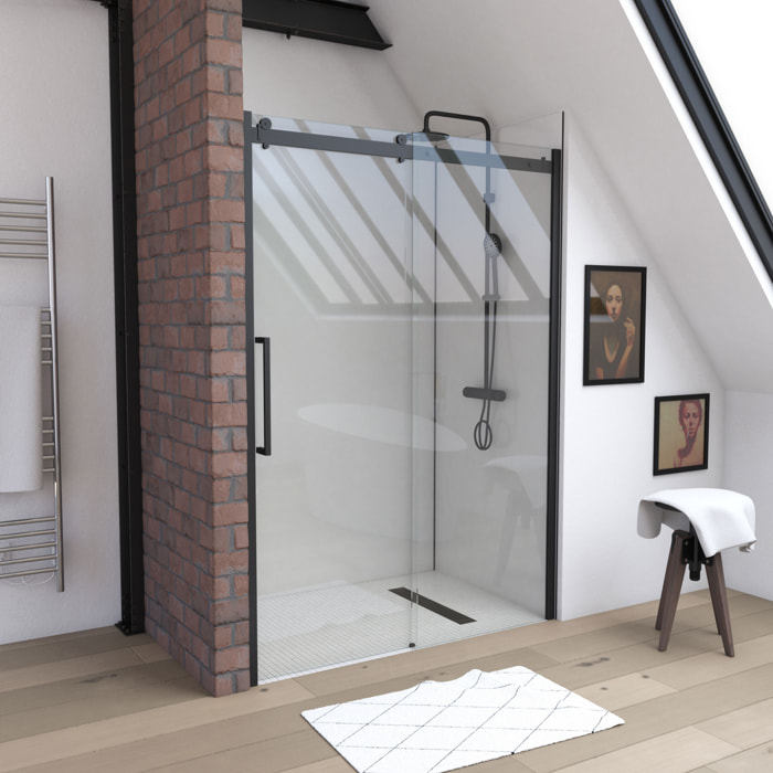 Porte de douche coulissante type industriel coulissante NOIR MAT - 120x200cm - verre trempe 8mm