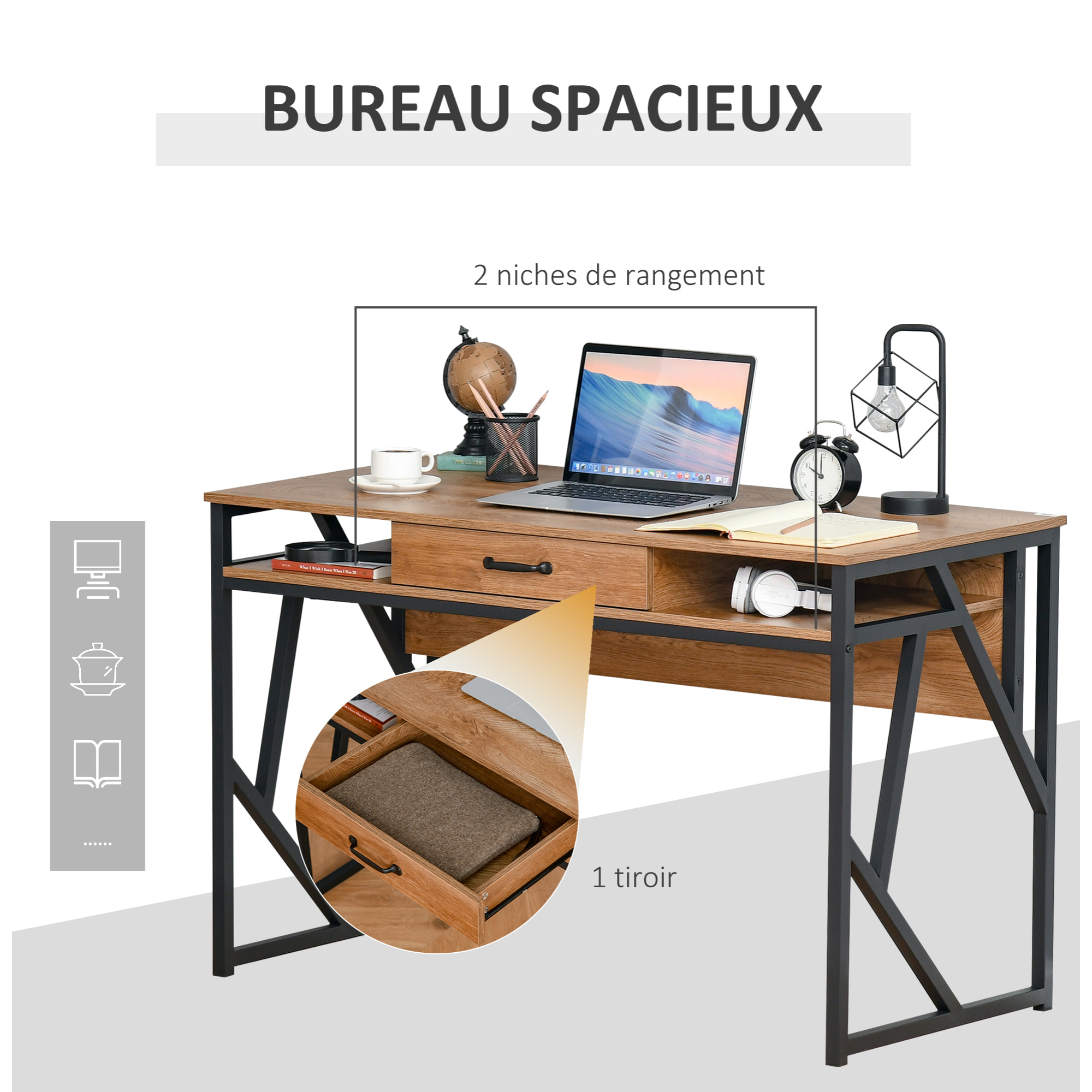 Bureau style industriel dim. 120L x 60l x 76H cm tiroir + 2 niches piètement métal noir plateau aspect bois noyer