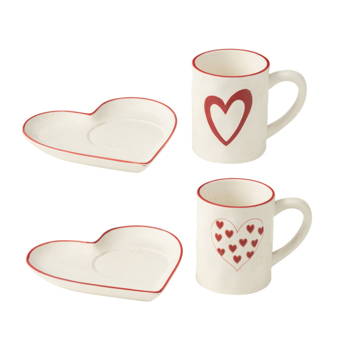 J-Line tasse + sous-tasse Cœurs - porcelaine - blanc/rouge - 2 pcs