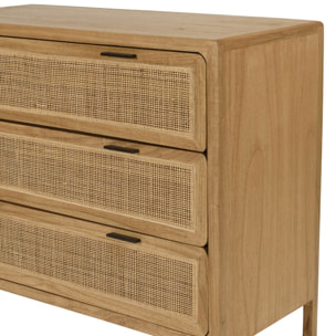 AMY - Commode 3 tiroirs 100cm en bois de mindi et rotin naturel