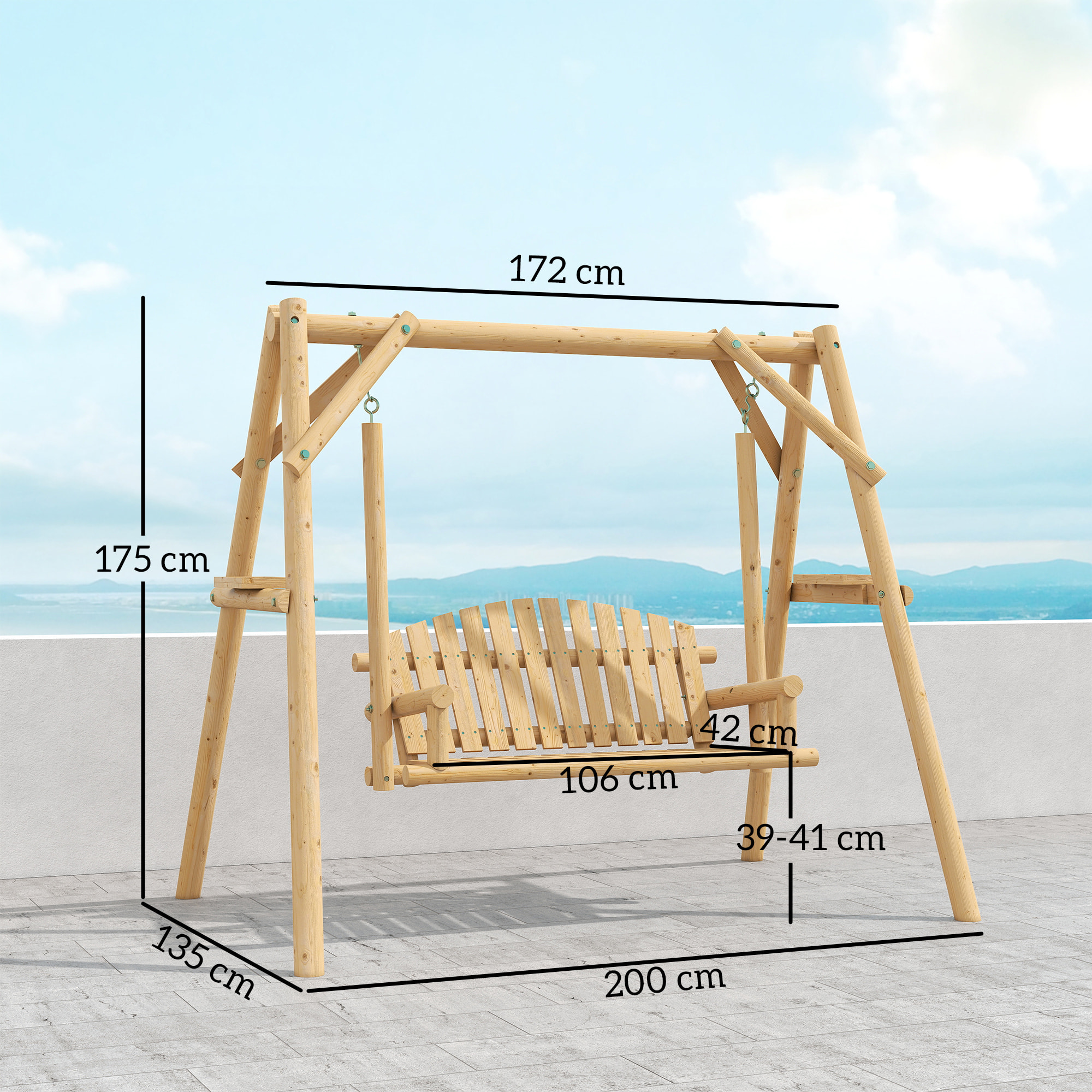 Banco Columpio de Jardín de Madera de 2 Plazas Balancín de Jardín Exterior con Bandejas Laterales Reposabrazos y Estructura en A para Patio Porche Carga 240 kg 200x135x175 cm Natural