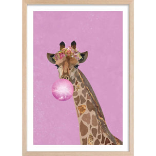 Affiche enfant girafe rose Affiche + cadre en bois - Chêne