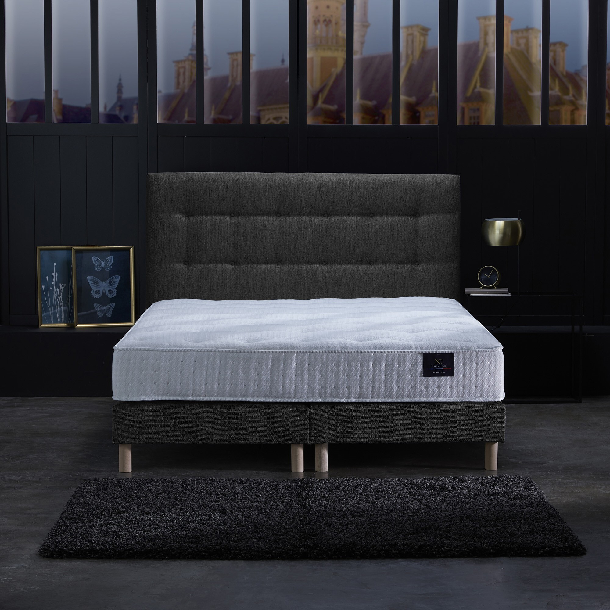 Sommier confort CRÉPUSCULE, durable avec tête de lit capitonnée anthracite