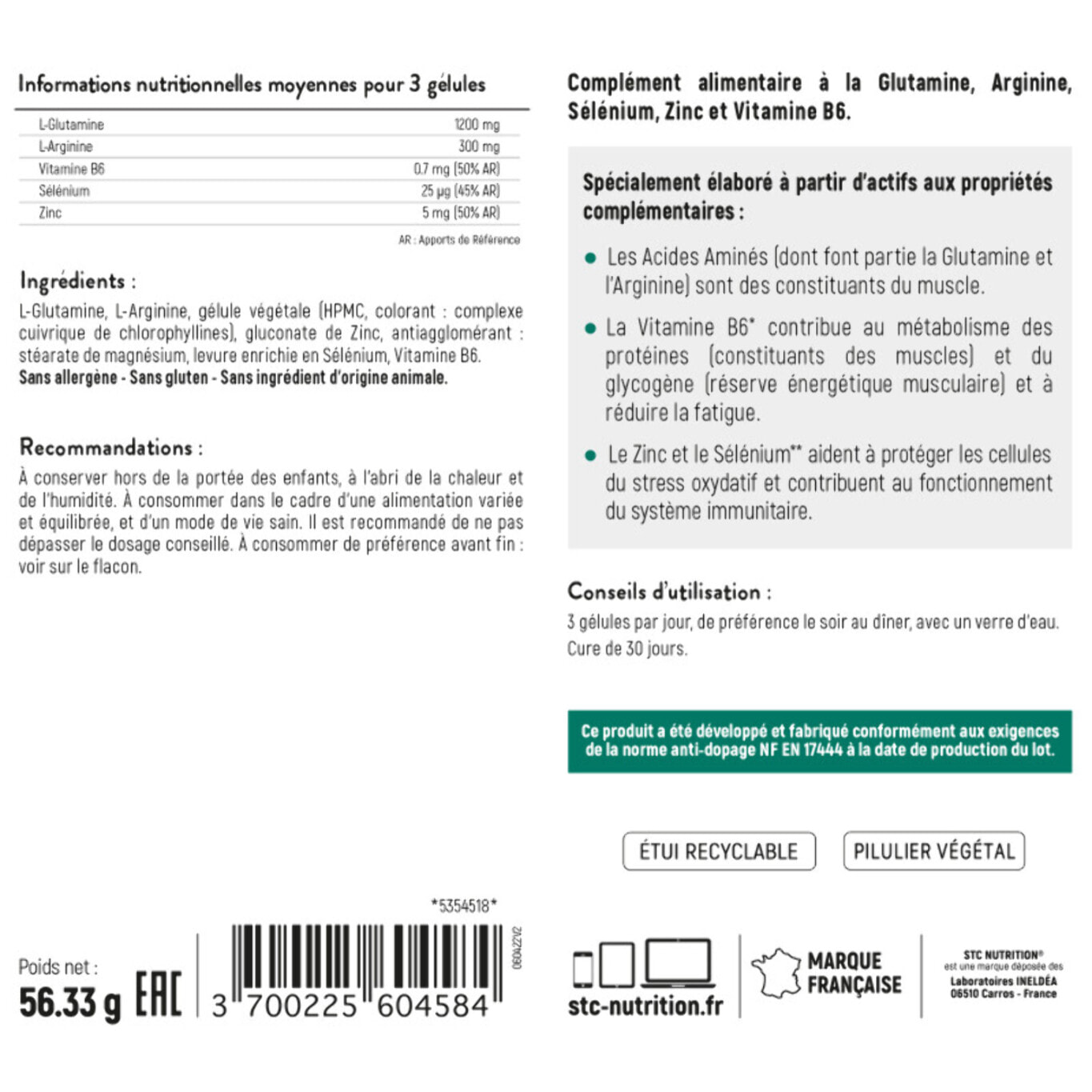 STC NUTRITION - Glutamine 1200 - Synthèse des protéines & protection immunitaire - 100% vegan - Anti-Dopage - Cure de 30 jours - 90 gélules