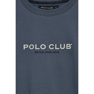 Maglietta blu denim con scollo rotondo e logo gommato