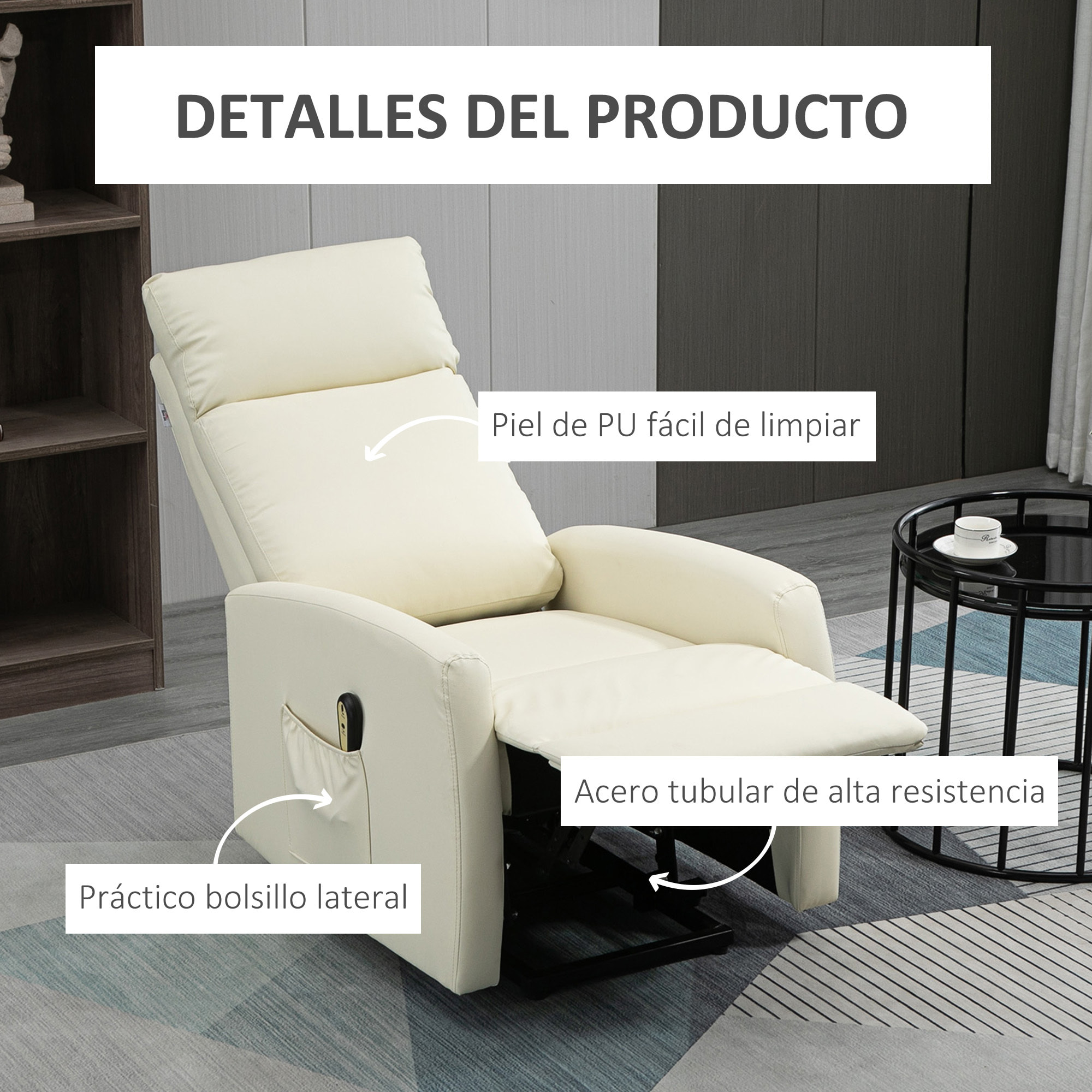 Sillón Levanta Personas Sillón Relax Eléctrico Sillón Elevador Reclinable 145° con Control Remoto Reposapiés para Personas Mayores 67x95x105 cm Crema