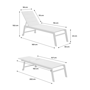 Lot de 2 bains de soleil Solis en textilène matelassé. transats 6 positions. structure blanc. textilène taupe