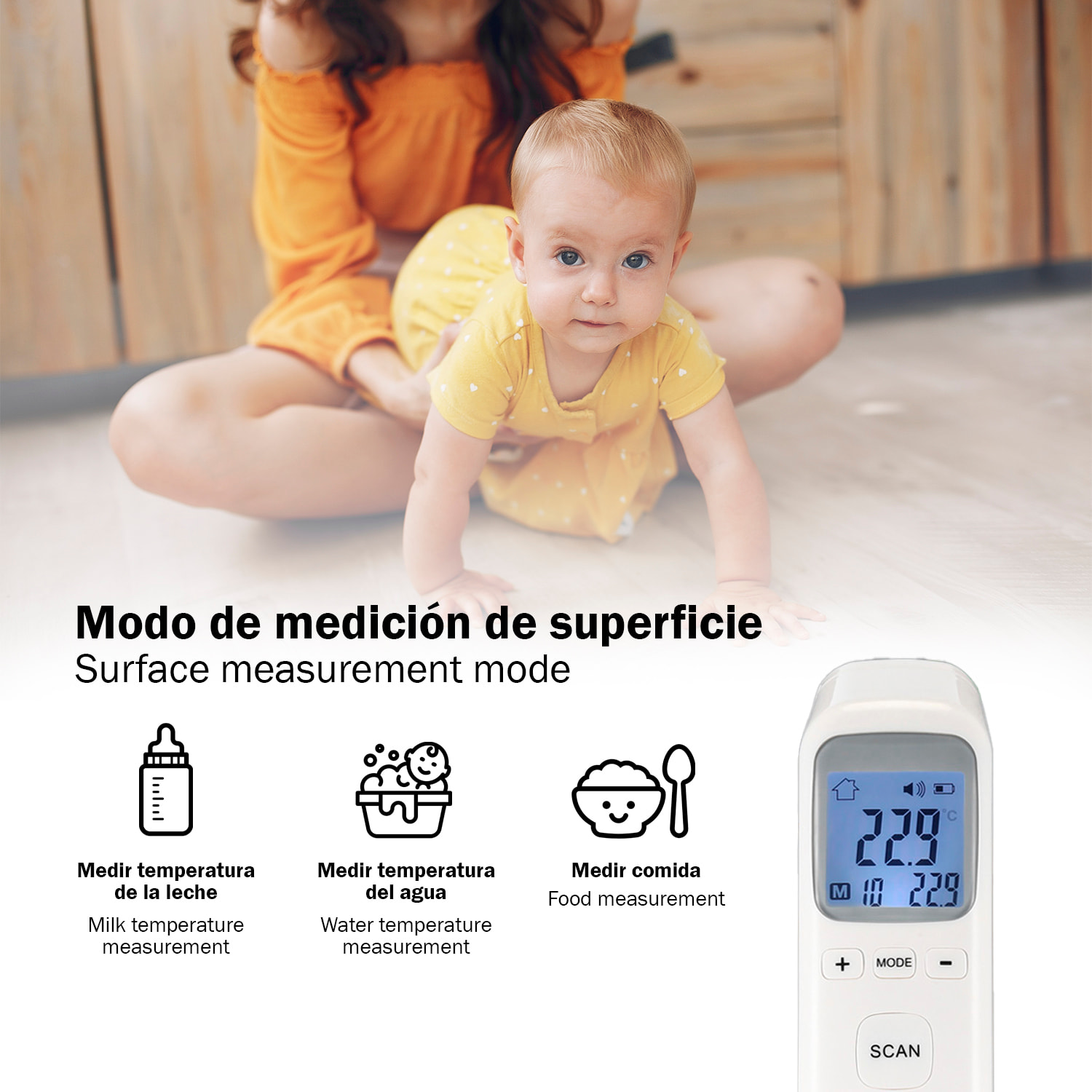 Termómetro frontal infrarrojo CK-T1803 con medición rápida en 0,5 segundos y alta precisión. Modos de temperatura corporal y de superficies con pantalla LCD, memoria de registros y apagado automático.