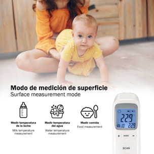 Termómetro frontal infrarrojo CK-T1803 con medición rápida en 0,5 segundos y alta precisión. Modos de temperatura corporal y de superficies con pantalla LCD, memoria de registros y apagado automático.