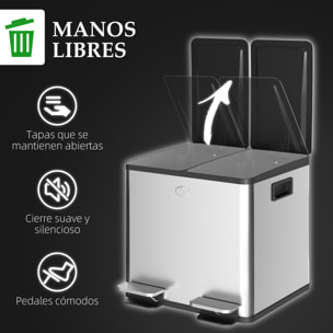 Cubo de Basura de Cocina con 2 Compartimentos 2x15L Papelera Cocina de Acero Inoxidable con Pedal Tapas de Cierre Suave y Cubo Extraíble para Dormitorio Oficina Salón Plata