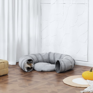 Tunnel pour chat intérieur - fonction lit pliable avec coussin et jeu balle suspendue - gris