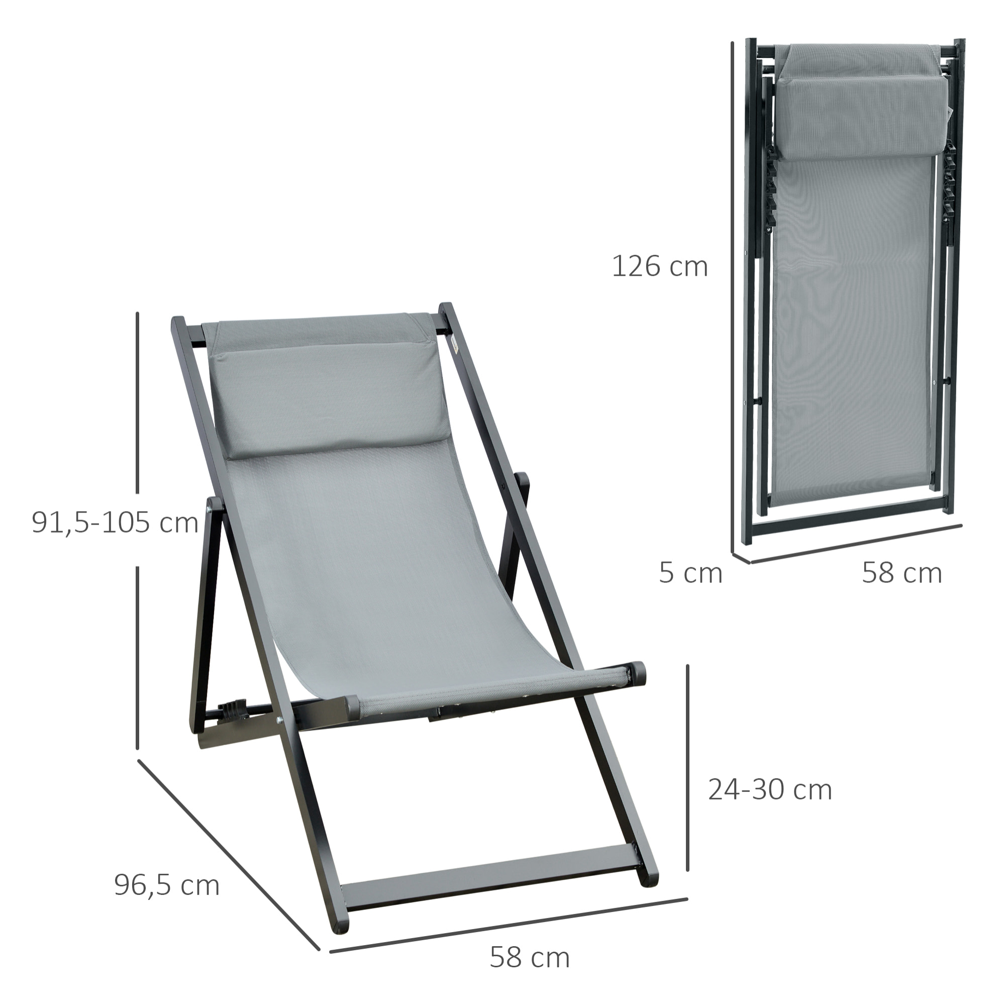 Conjunto de 2 Tumbonas Plegables de Aluminio Tumbonas de Jardín con Respaldo Regulable en 5 Posiciones y Reposacabezas para Terraza Patio Exterior 58x96,5x91,5 cm Gris