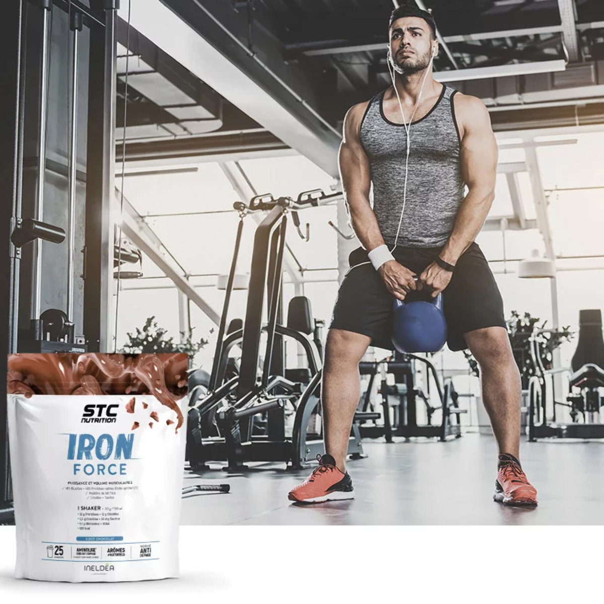 STC NUTRITION – Iron Force – Protéine, Glutamine, Taurine, Vitamines – Prise de Masse – Construction Musculaire - Brevet Aminolise 100% Digeste - Sans Colorant Gluten – Goût Vanille, Chocolat - 25 Shaker - 750g - Chocolat