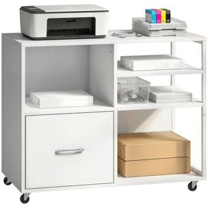 Mueble para Impresora con Ruedas, Mesa para Impresora con Estantes Abiertos y Cajón para Documentos Tamaño A4 y Carta, Archivador Móvil para Oficina en Casa, Blanco