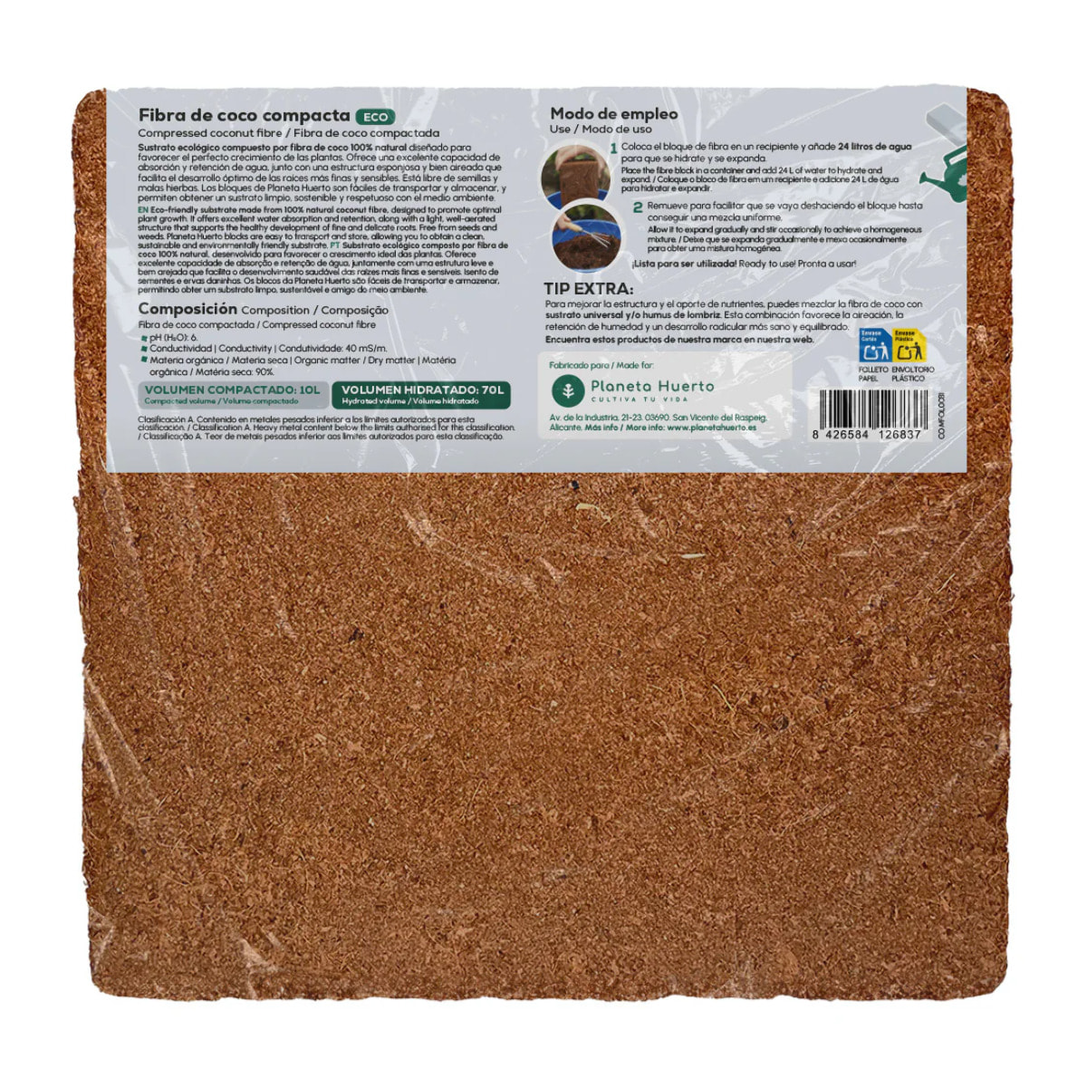 Sustrato Fibra de Coco Planeta Huerto 70 Litros