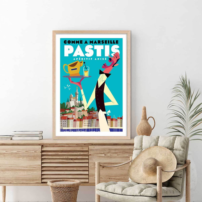 Poster un pastis sur le vieux port Affiche sous cadre bois