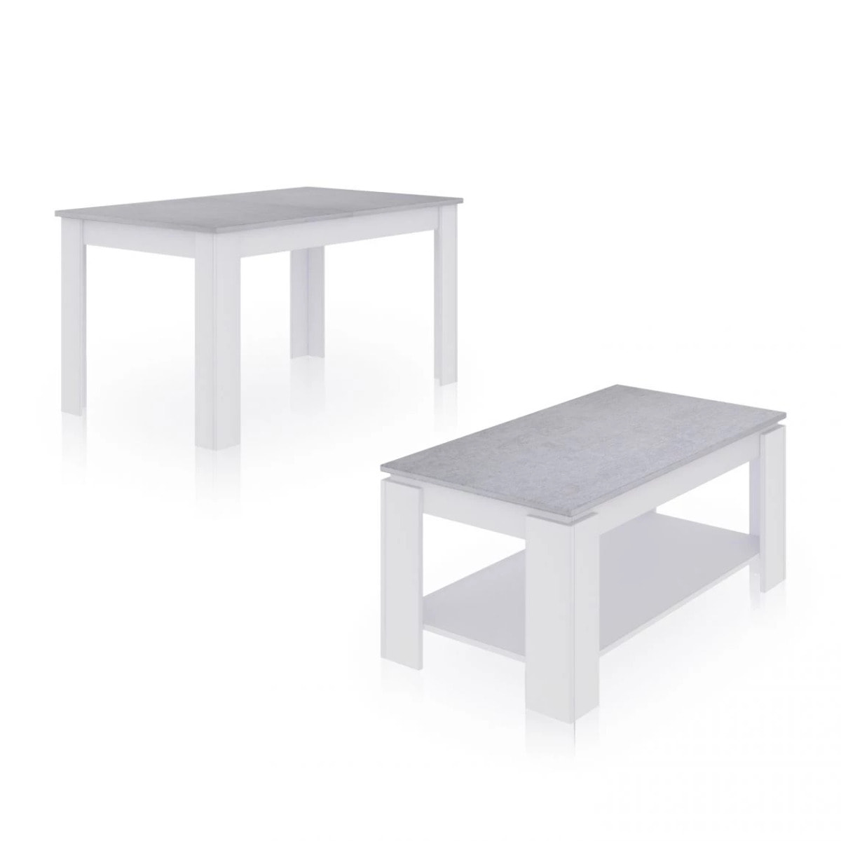 Pack mesa de comedor 140 y mesa de centro Lya Blanco Artik (Blanco Mate) - Gris Cemento