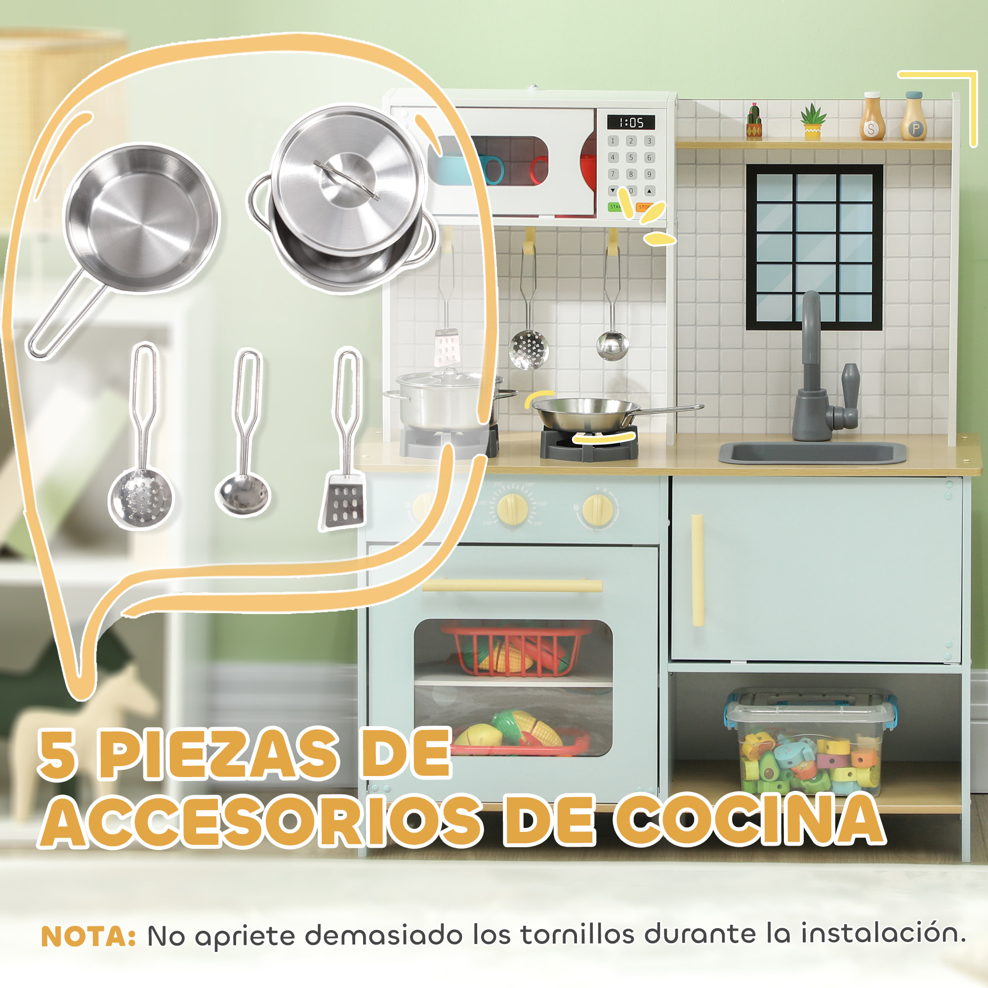 Cocina de Juguete para Niños +3 Años Cocina de Madera Infantil Cocinita Infantil con Sonido Fogón Horno Grifo Fregadero Microondas y Accesorios de Cocina Azul