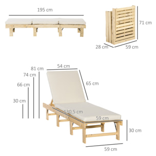 Tumbona de Madera Plegable con Respaldo Ajustable en 4 Posiciones 195x59x30cm