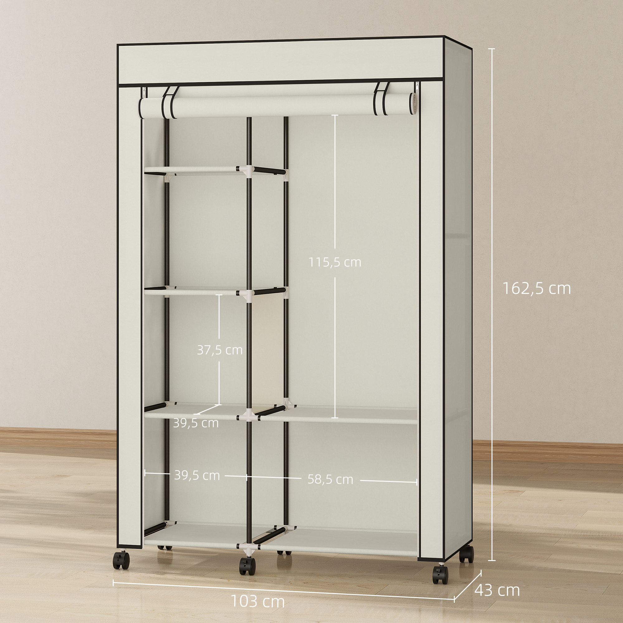 Armoire penderie multi-rangement - 6 étagères, 1 barre - dim. 103L x 43l x 162,5H cm - acier noir non tissé crème