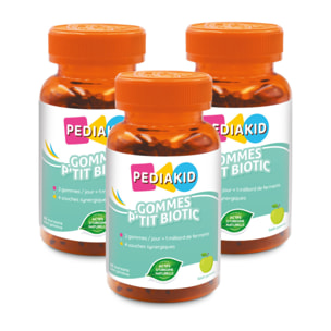 PEDIAKID - Gommes P'tit Biotic - Formule Naturelle au Délicieux Arôme de Pomme - Contribue à Enrichir la Flore Intestinale - Soutient les Défenses de l'Organisme - Lot de 3 piluliers