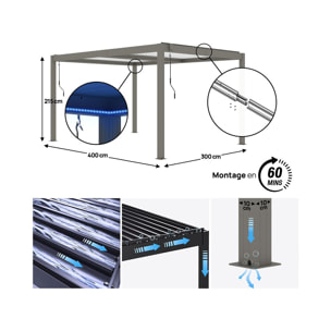 Pergola bioclimatique avec led "Windsor premium" en aluminium 3 x 4 - Taupe