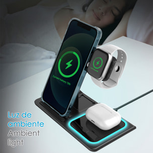 Base di ricarica wireless pieghevole 3 in 1. Base Qi da 15 W a doppia posizione, caricabatterie per Apple Watch e base Qi. Con luce ambientale blu. Funzione supporto.