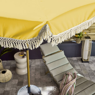 Parasol HOSSEGOR droit à franges 2m. ocre. acier. mât effet bois. UPF 30+. D 200 x H 225 cm