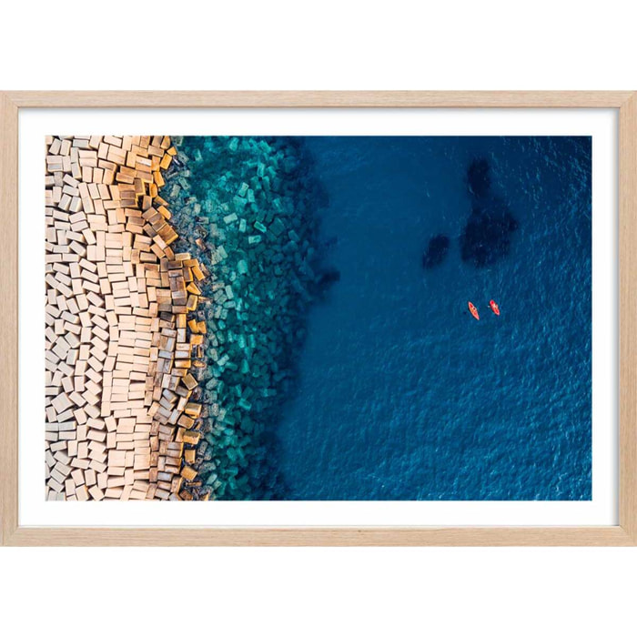 Poster digue vue d'en haut Affiche + cadre en bois - Chêne