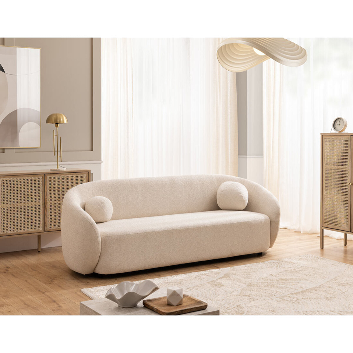 Flore - Canapé droit 3 places en tissu bouclette - Beige