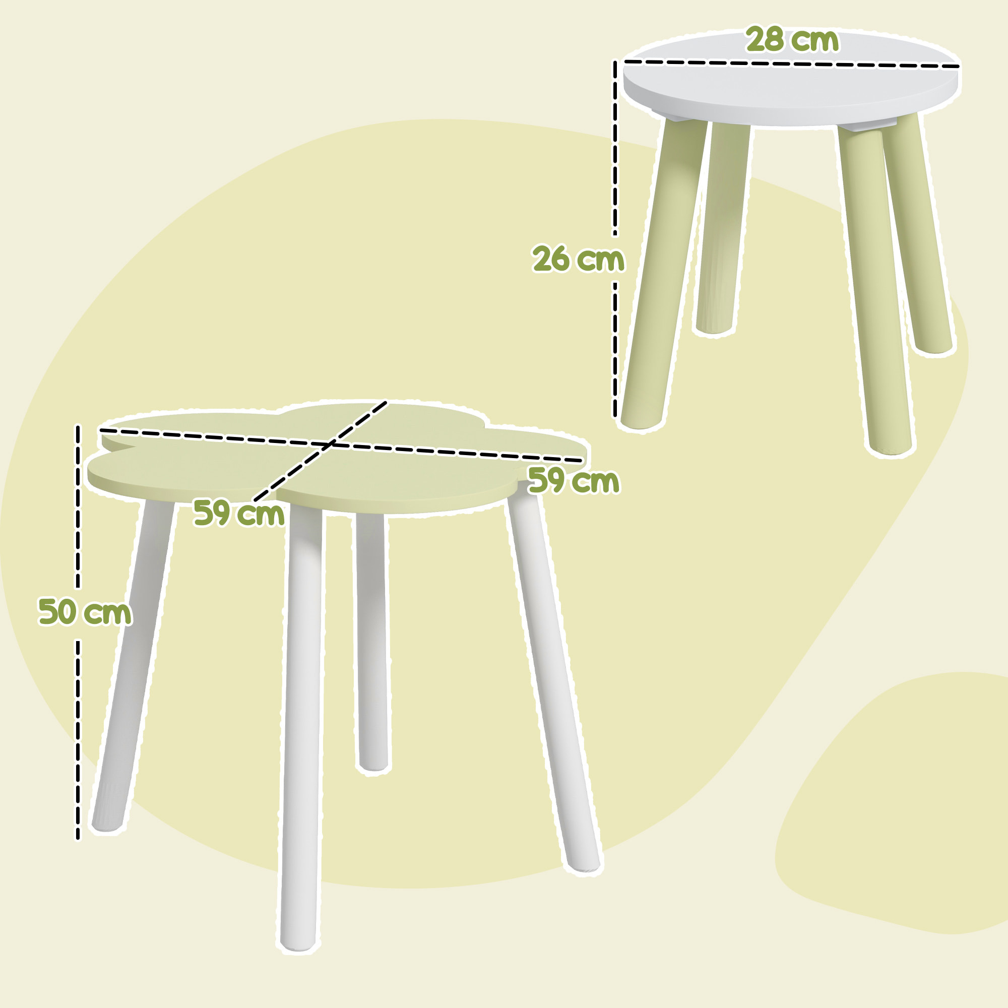 ZONEKIZ Set Tavolo e Sedie per Bambini 2-5 Anni, 3 pezzi in MDF e Legno di Pino con Design a Fiori, Giallo e Bianco