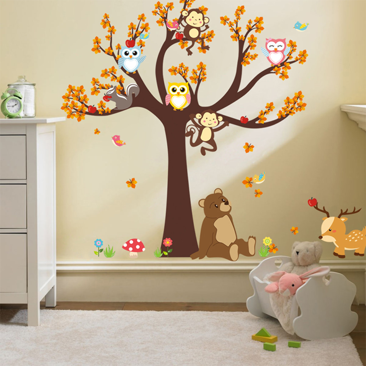 Stickers Muraux décoration adhésifs arbre géant avec hibou, singe et ours