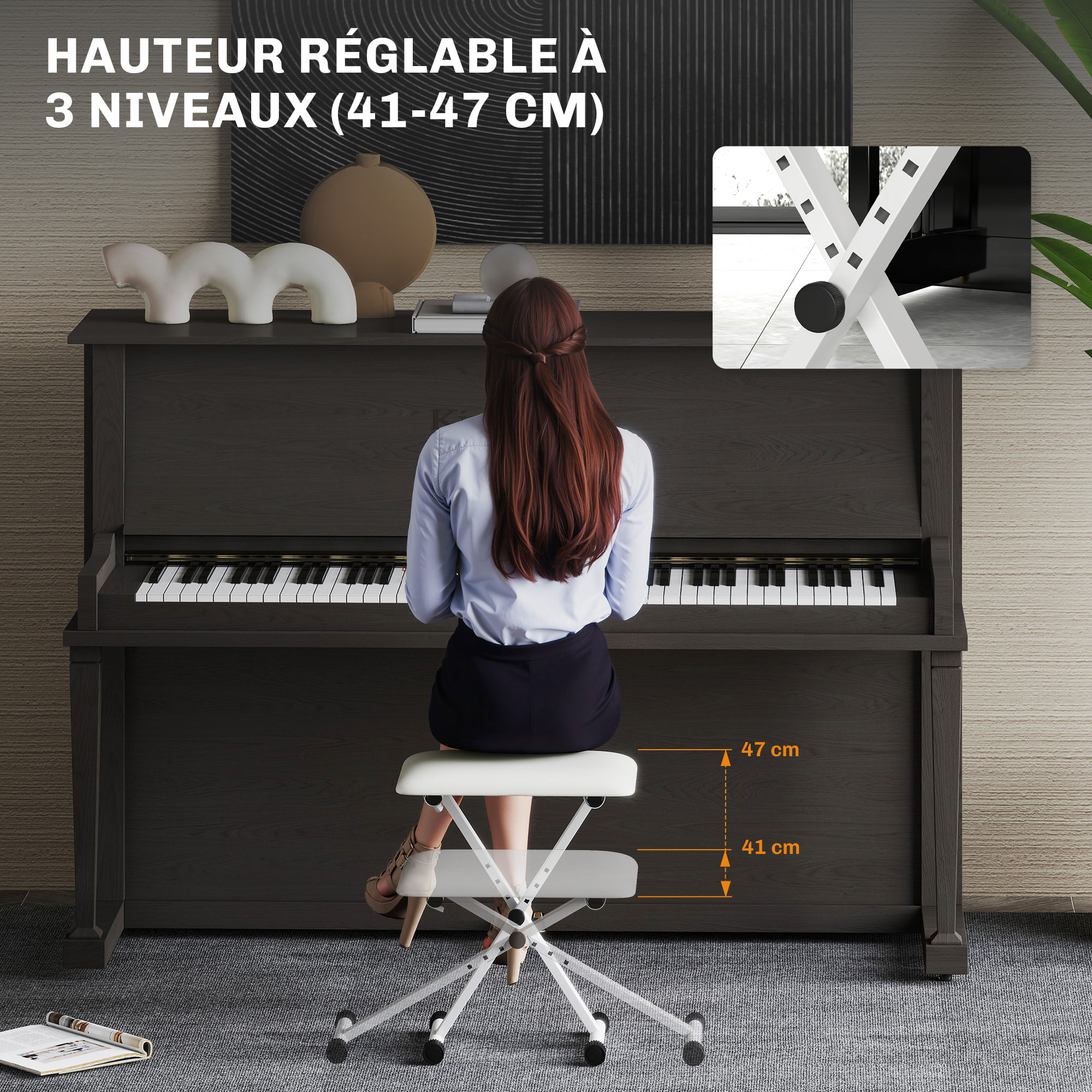 HOMCOM Tabouret banquette réglable pliable pour piano et clavier acier revêtement synthétique blanc