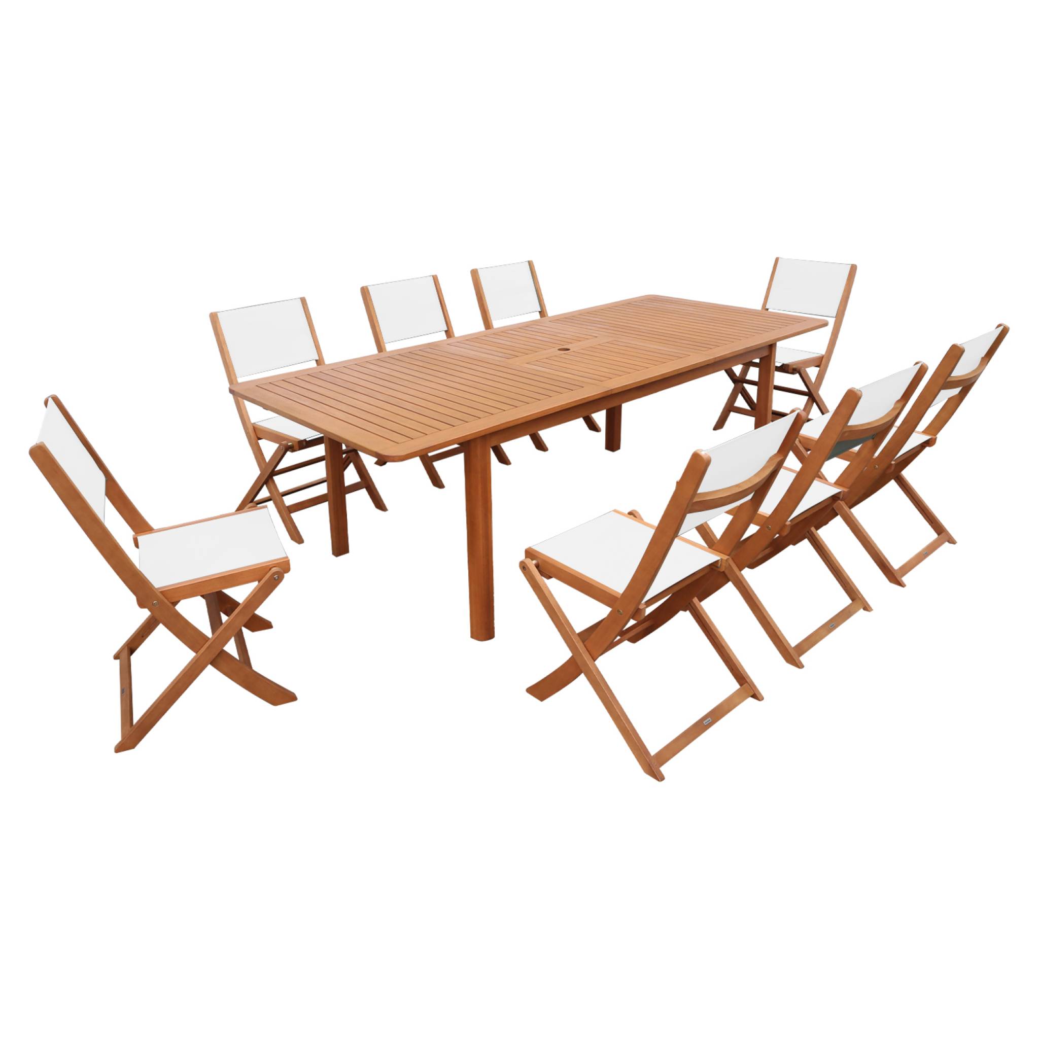 Table de jardin extensible bois d'eucalyptus + 8 assises ARBO + ALMERIA