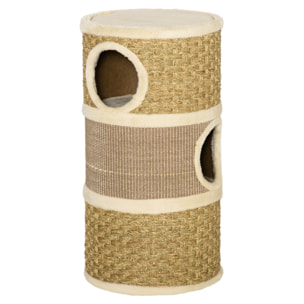Arbre à chat cylindrique - tour à griffer pour chat - arbre à chat tour - Tonneau griffoir - 3 niches + plateforme - sisal corde d'algues beige